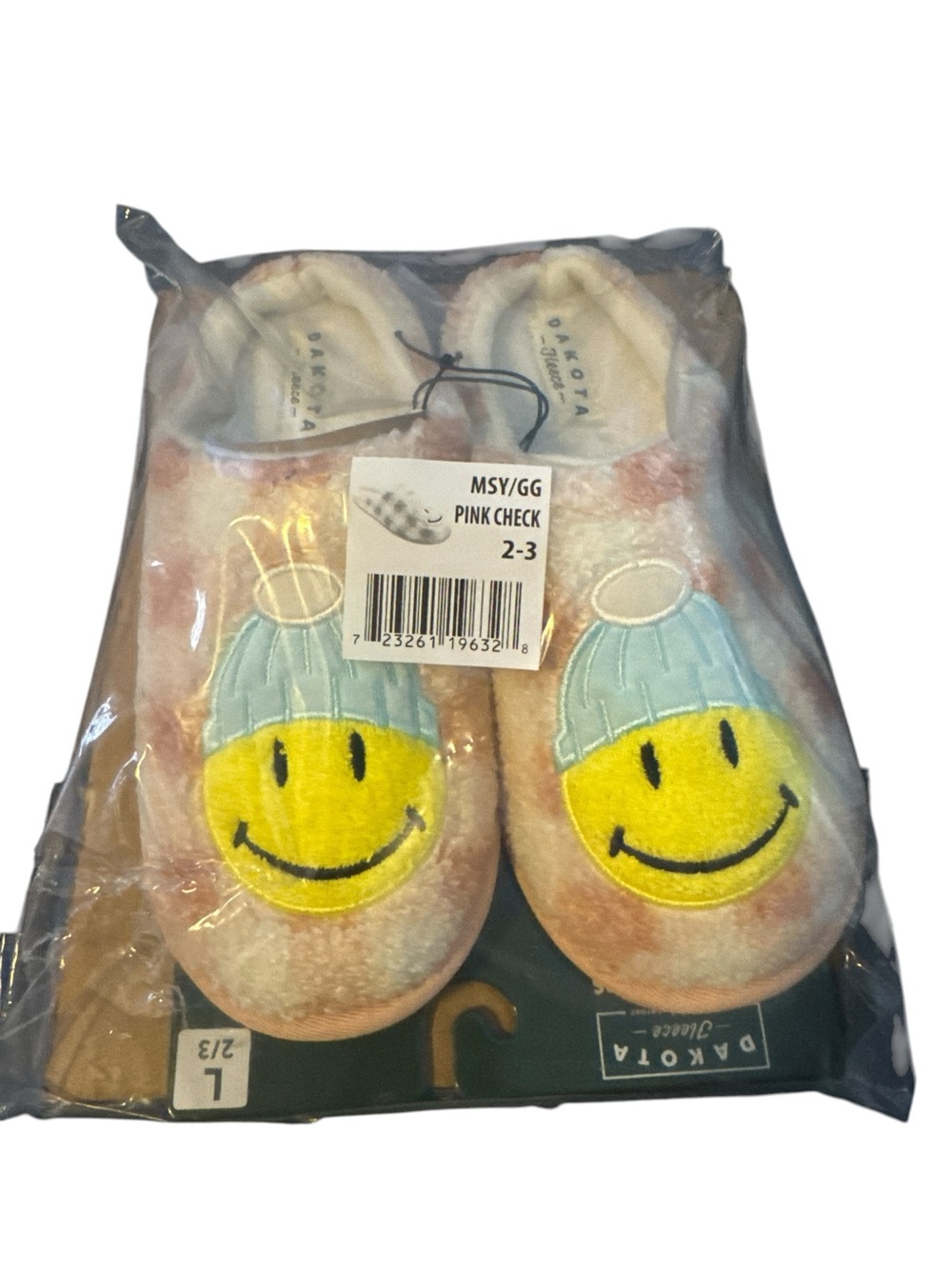 Dakota Kids Pink Check Smiley Plush Slippers